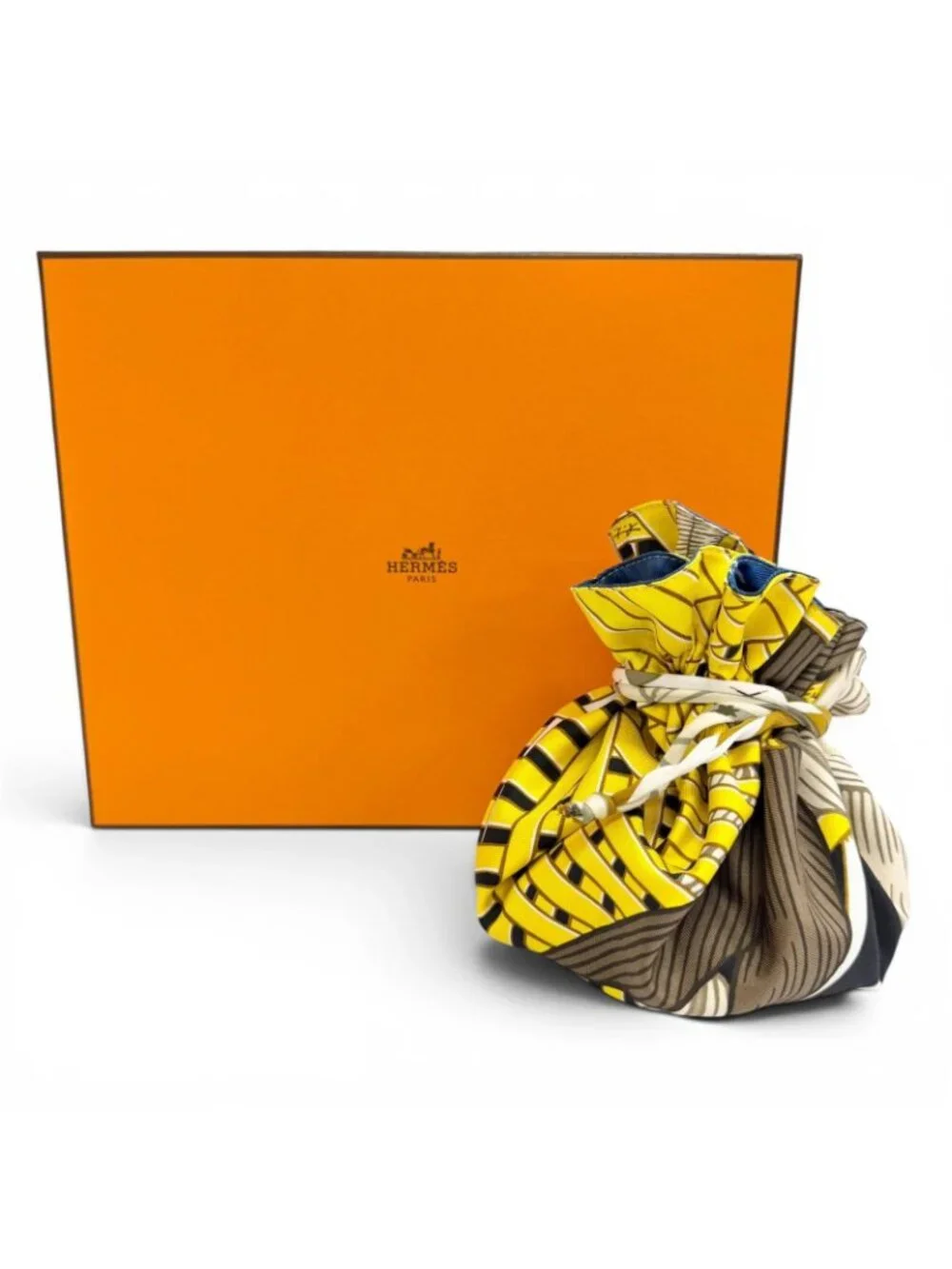 Hermes Petit Ash Silk 100% Masan & Reversible Drawstring Pouch Yellow Blue